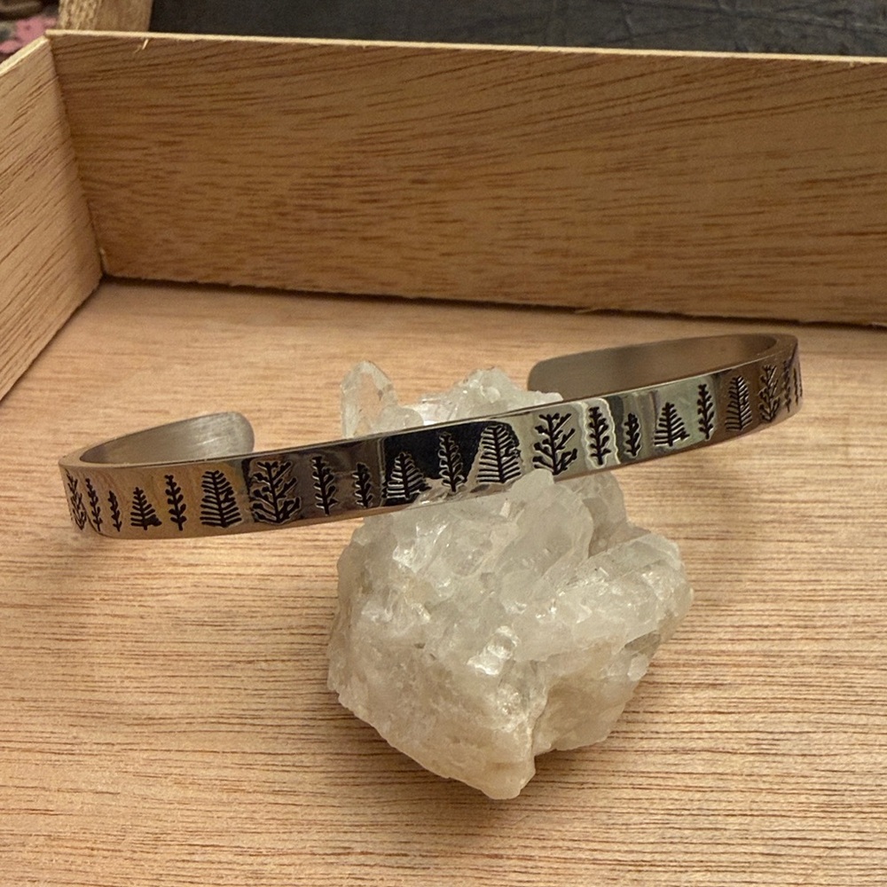 Outdoorsy Silver Tree-Engraved Cuff Bracelet